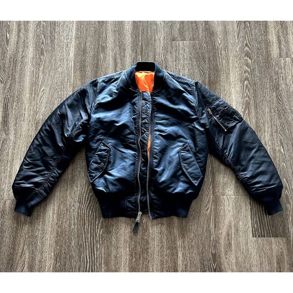Alpha Industries MA-1 Bomber Flight Jacket Navy Blue Orange Lining Size Small F - Picture 1 of 13